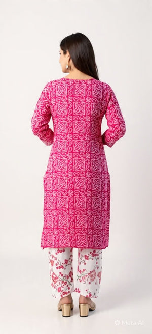 Pink bandhani mirror-work kurti and pant set for women