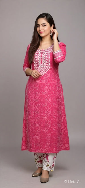 Pink bandhani mirror-work kurti and pant set for women