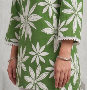 Olive green square-neck floral short kurti for women