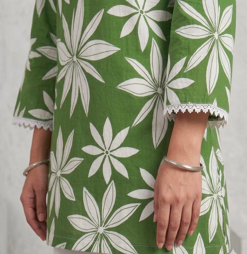 Olive green square-neck floral short kurti for women