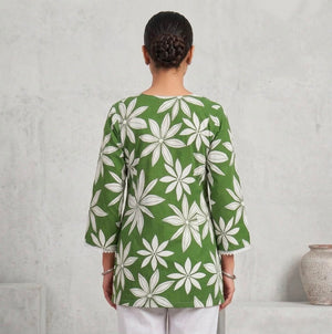 Olive green square-neck floral short kurti for women
