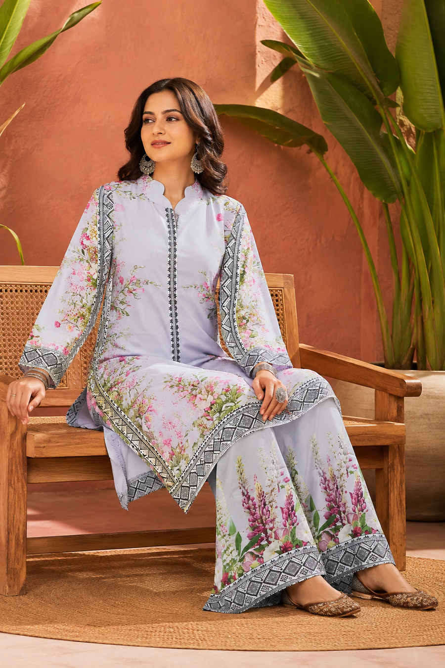 Lavender Floral Print Viscose Rayon Kurta Palazzo Set for Women | Indian Ethnic Wear