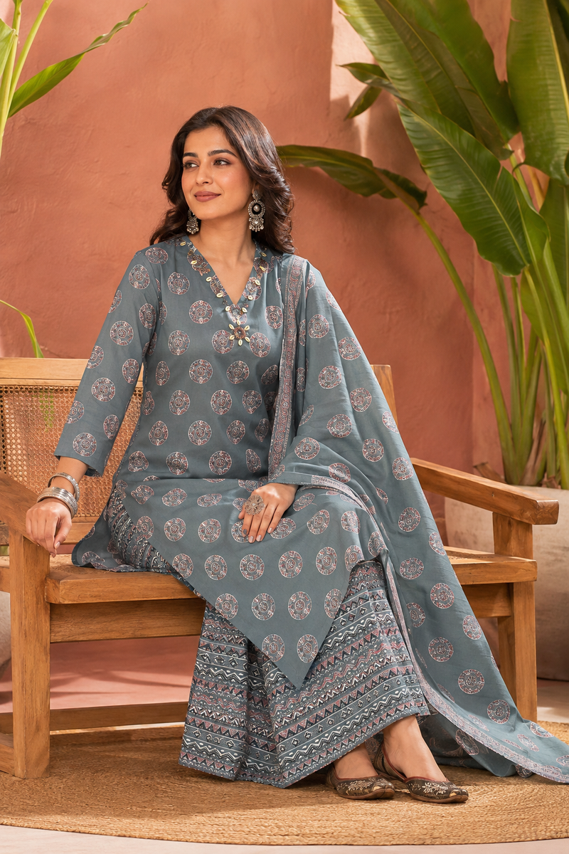 Grey Ajrakh-print pure cotton kurta palazzo set with dupatta