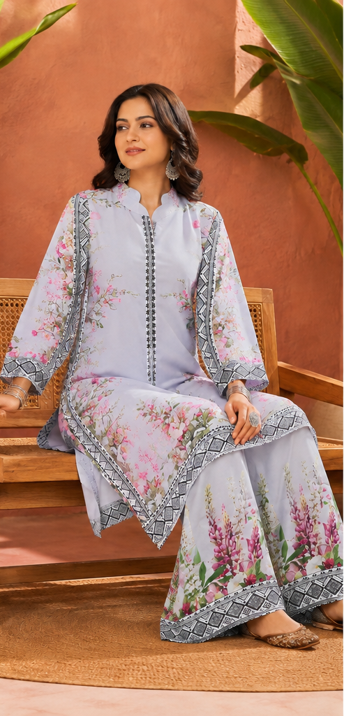 Lavender floral viscose rayon kurta palazzo set for women