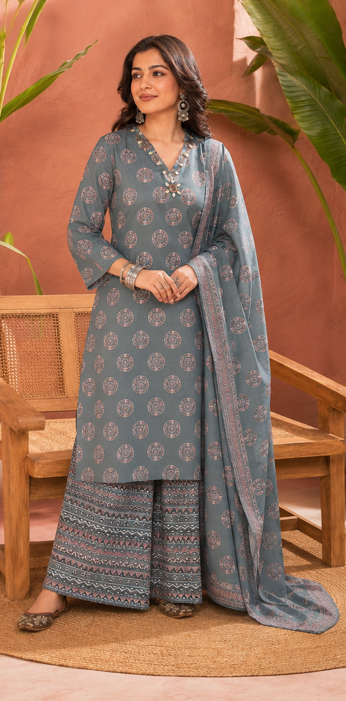 Grey Ajrakh-print pure cotton kurta palazzo set with dupatta