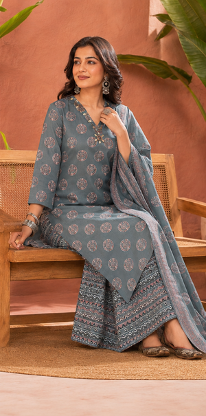 Grey Ajrakh-print pure cotton kurta palazzo set with dupatta