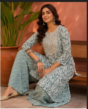 Sea green floral straight kurti with gold sequin yoke and pant set