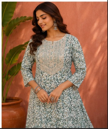 Sea Green Floral Straight Kurti with Sequin Yoke & Pant Set
