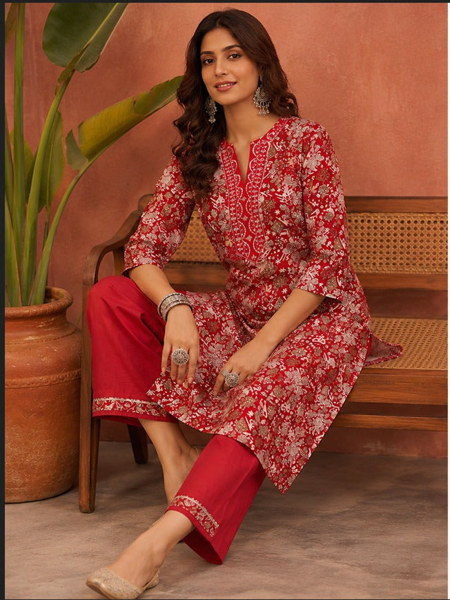 Red floral kurti with sequin placket and scalloped-hem pant set