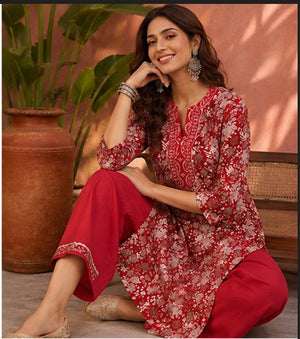 Red floral kurti with sequin placket and scalloped-hem pant set