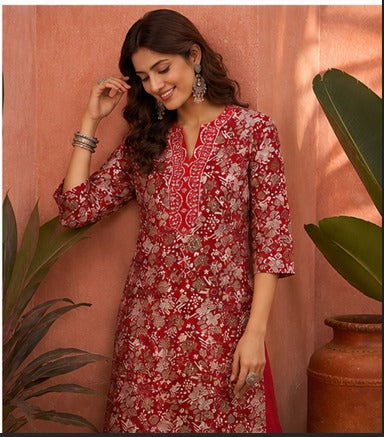 Red Floral Kurti with Sequin Placket & Scalloped Hem Pant Set