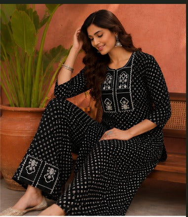 Black Polka-Print Kurti with Mirror Yoke & Chevron Pant Set