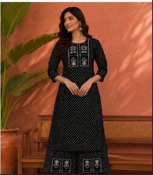 Black polka-print kurti with mirror yoke and chevron pant set
