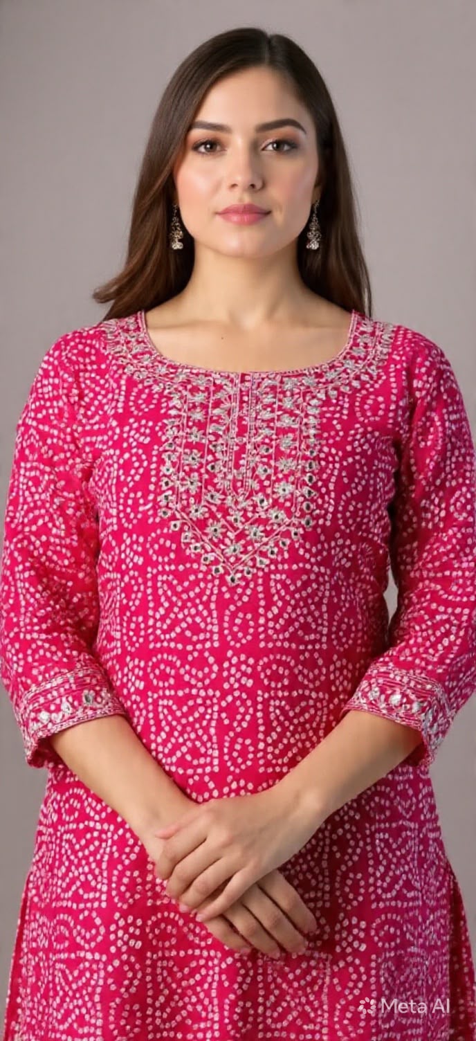 Pink bandhani mirror-work kurti and pant set for women