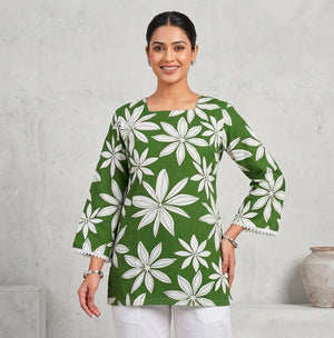 Olive green square-neck floral short kurti for women