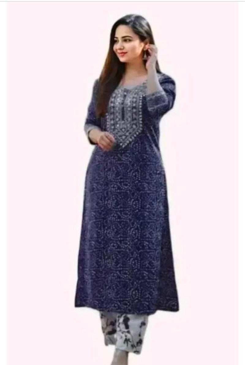 Navy blue Jaipuri block-print cotton kurti and pant set
