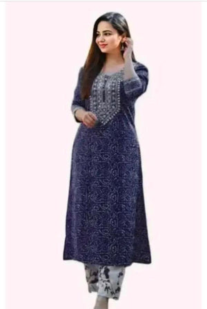 Navy blue Jaipuri block-print cotton kurti and pant set