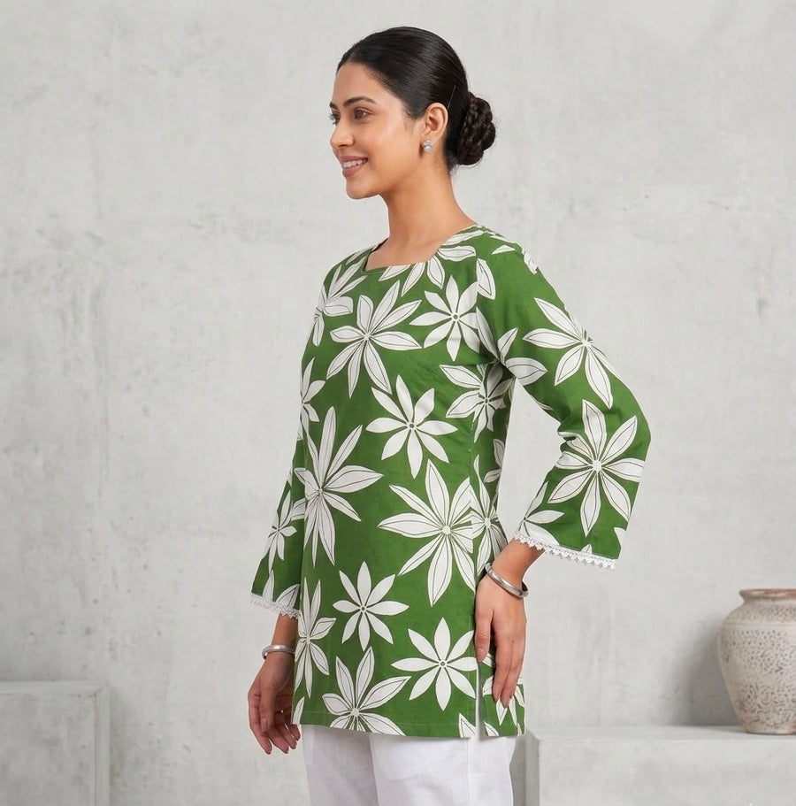 Olive Green Square-Neck Floral Short Kurti for Women