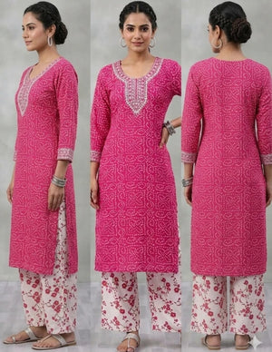 Pink bandhani mirror-work kurti and pant set for women