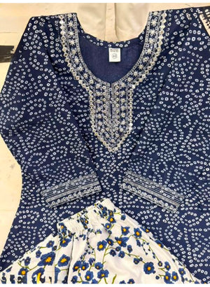 Navy blue Jaipuri block-print cotton kurti and pant set