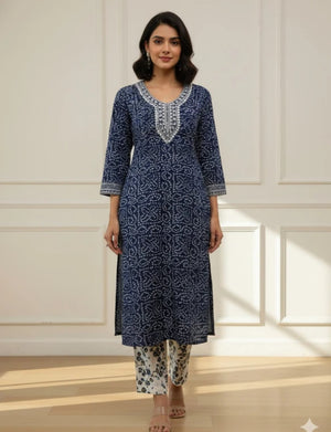 Navy blue Jaipuri block-print cotton kurti and pant set
