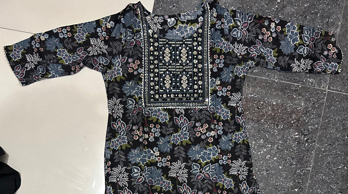 Black Floral Print Kurti with Sequin & Thread Embroidered Yoke