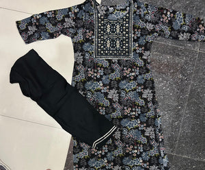 Black Floral Print Kurti with Plain Pant Set