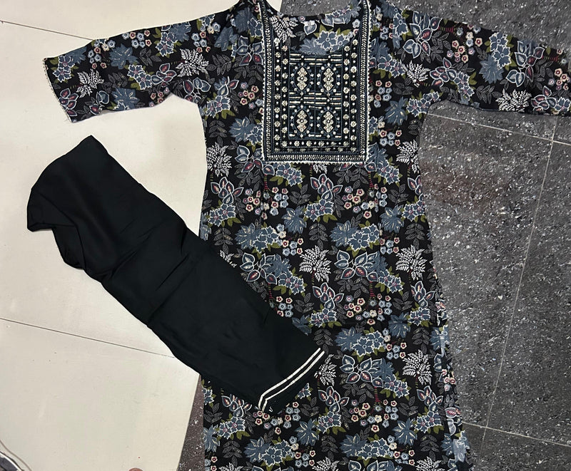Black Floral Print Kurti with Plain Pant Set