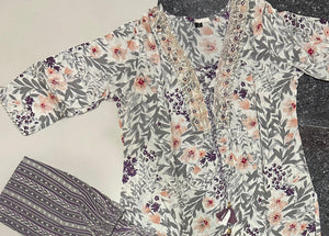Ivory floral block-print straight kurti with sequin yoke and pant set