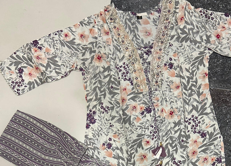 Ivory floral block-print straight kurti with sequin yoke and pant set