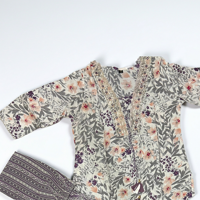 Ivory floral block-print straight kurti with sequin yoke and pant set