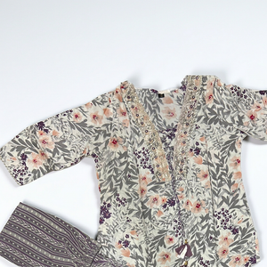 Ivory floral block-print straight kurti with sequin yoke and pant set
