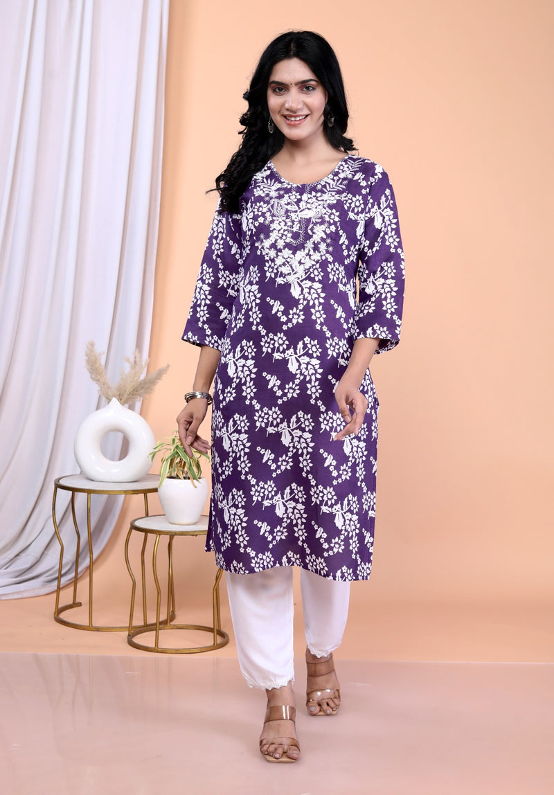 Purple batik floral cotton rayon kurta, pant and dupatta set for women