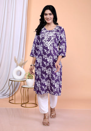 Purple batik floral cotton rayon kurta, pant and dupatta set for women